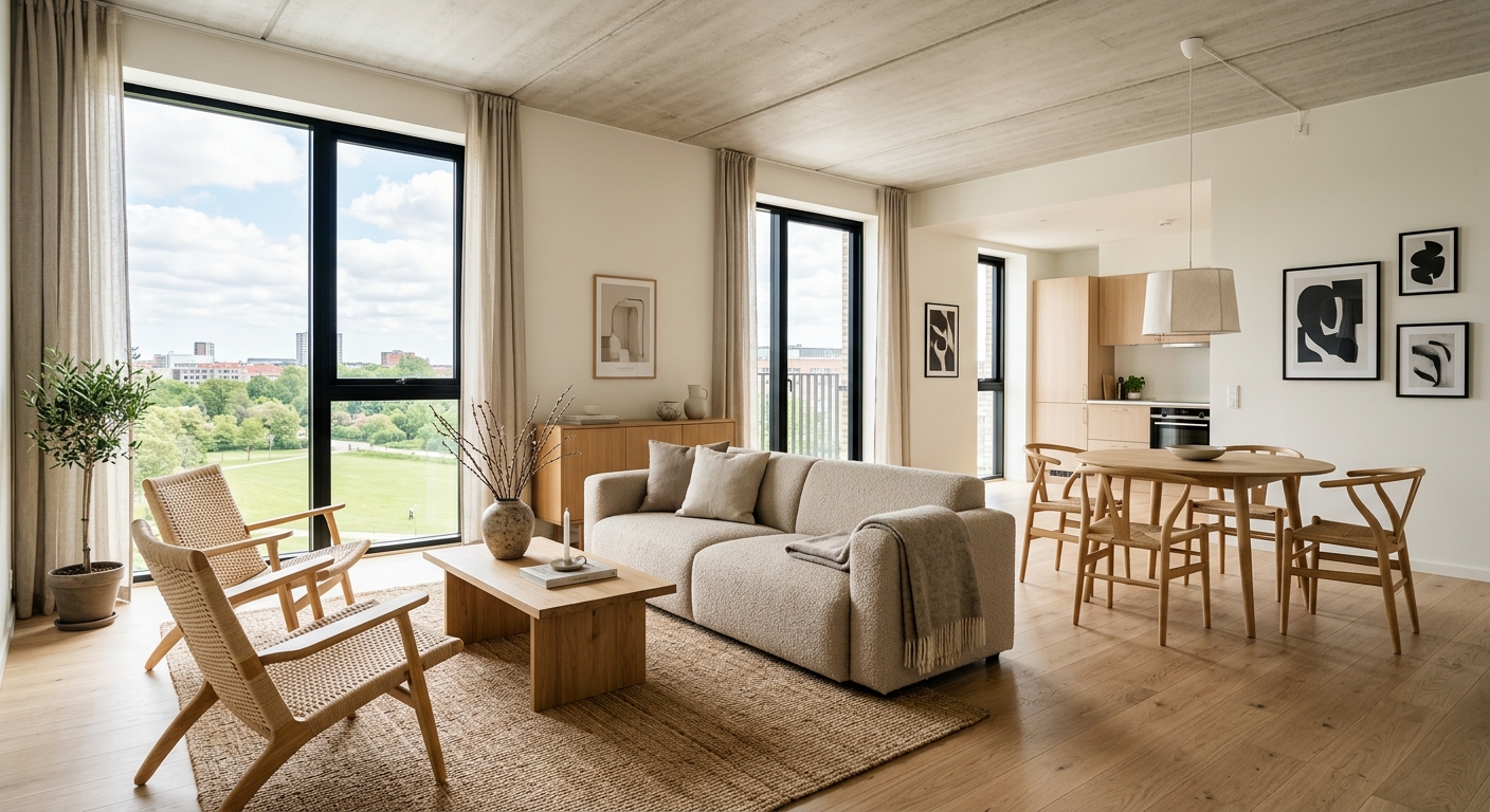 Světlý moderní interiér obývacího pokoje s jídelnou